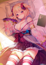 Rule 34 | 1girl, bare shoulders, beads, blonde hair, blue flower, blush, book, breasts, cleavage, closed mouth, collarbone, commentary request, floral print, flower, frilled skirt, frills, from above, frown, futon, hair ornament, large breasts, long sleeves, looking at viewer, lying, matatabi maru, nose blush, off shoulder, on back, open clothes, original, pillow, pleated skirt, print skirt, purple eyes, red ribbon, ribbon, short hair, skirt, solo, sparkle, striped clothes, striped thighhighs, thighhighs, two side up, wide sleeves, zettai ryouiki