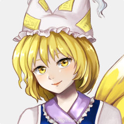 Rule 34 | 1girl, animal ears, blonde hair, close-up, fox ears, fox tail, hat, hoshiringo0902, lips, looking at viewer, mob cap, multiple tails, simple background, smile, solo, tail, touhou, white background, yakumo ran, yellow eyes
