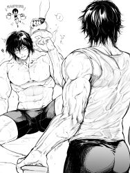 Rule 34 | 1boy, 1girl, abs, absurdres, bara, black hair, crop top, highres, kengan (series), kengan ashura, kyowo sukkesuke, large pectorals, male focus, manly, messy hair, monochrome, muscular, muscular male, nipples, on floor, outstretched arms, pectorals, short hair, shorts, sitting, spread arms, surprised, sweat, sweatdrop, tank top, teapot, thick arms, thick thighs, thighs, tight clothes, tokita ouma, topless male, wet, wet clothes