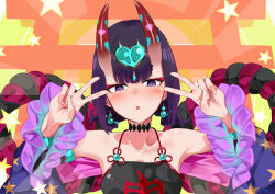 Rule 34 | + +, 1girl, bare shoulders, blush, breasts, chinese clothes, choker, clothes writing, collarbone, detached sleeves, double v, dudou, earrings, emotional engine - full drive, eyeliner, fate/grand order, fate (series), forehead jewel, hands up, headpiece, horns, jewelry, looking at viewer, low twintails, makeup, nagatani (nagata2), oni, open mouth, orange background, parody, purple eyes, purple hair, rope, sash, short eyebrows, short hair, short twintails, shuten douji (fate), shuten douji (fate/grand order), shuten douji (halloween caster) (fate), skin-covered horns, small breasts, solo, star (symbol), star print, symbol-shaped pupils, torii, twintails, v