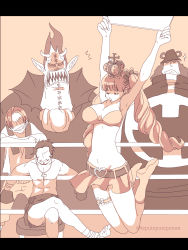 Rule 34 | 1girl, 4boys, abs, artist request, bartholomew kuma, boxing ring, breasts, cleavage, crown, dracule mihawk, facial hair, gecko moria, grin, highres, large breasts, long hair, monochrome, multiple boys, mustache, navel, one piece, perona, pointy ears, shaded face, shanks (one piece), sharp teeth, simple background, sitting, size difference, smile, teeth, twintails, twitter username
