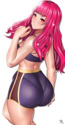 Rule 34 | 1girl, absurdres, alternate costume, arcedo, ass, ass focus, bare shoulders, blush, breasts, fire emblem, fire emblem engage, from behind, highres, huge ass, long hair, looking at viewer, medium breasts, nintendo, orange eyes, pantylines, pink hair, short shorts, shorts, sideboob, smile, solo, sports bra, wedgie, yunaka (fire emblem)