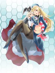 Rule 34 | 10s, 2girls, atago (kancolle), black gloves, blonde hair, blush, breasts, brown eyes, ceda (dace), elbow gloves, gloves, green eyes, hairband, hat, highres, hug, kantai collection, large breasts, long hair, looking at viewer, midriff, military, military uniform, multiple girls, one eye closed, open mouth, panties, pantyhose, personification, shimakaze (kancolle), skirt, smile, striped clothes, striped legwear, striped thighhighs, thighband pantyhose, thighhighs, torpedo, underwear, uniform, wink