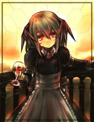 Rule 34 | 1girl, absurdres, apron, brown hair, cup, cupping glass, dress, drinking glass, glass, head wings, highres, kotoba noriaki, long hair, maid, maid apron, pixiv fantasia, pixiv fantasia 5, red eyes, solo, wine glass, wings