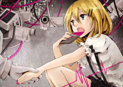 Rule 34 | 1girl, blonde hair, blue eyes, cable, camera, chocolate, eating, hair ornament, hairclip, holding hands, kagamine rin, kusare gedou to chocolate (vocaloid), kusare gedou to chokorewito (vocaloid), nail polish, natsu (natume0504), open mouth, short hair, sitting, solo, solo focus, suspenders, vocaloid, wire