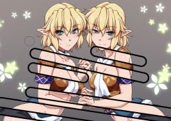 Rule 34 | 2girls, black shirt, blonde hair, breasts, brown jacket, cleavage, clone, closed mouth, commentary, expressionless, green eyes, holding hands, interlocked fingers, jacket, looking at viewer, medium breasts, mizuhashi parsee, multicolored clothes, multicolored jacket, multiple girls, navel, ootsuki wataru, paid reward available, pointy ears, revealing layer, scarf, shirt, short hair, short sleeves, smile, symbol-only commentary, touhou, underboob, upper body, white scarf, x-ray