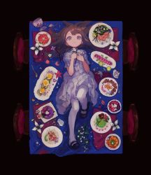 Rule 34 | 1girl, blue eyes, bouquet, broken glass, brown hair, chair, chalice, cup, dress, flower, food, fork, frilled dress, frills, from above, fruit, glass, hair spread out, hands up, highres, holding, holding flower, knee up, long hair, looking up, lying, mary janes, on back, original, pantyhose, petals, plate, qwok32, shoes, smile, solo, spill, spoon, table