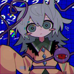Rule 34 | 1girl, ?, blue background, blush, buttons, chibi, closed mouth, diamond button, distortion, frilled shirt collar, frills, green eyes, grey hair, heart, highres, komeiji koishi, light frown, long hair, looking at viewer, red eyes, solo, sweater, third eye, touhou, upper body, very long sleeves, yellow sweater, zunusama