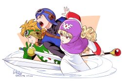 Rule 34 | 1girl, 2boys, belt buckle, black bodysuit, blonde hair, blue headwear, blue tunic, bodysuit, buckle, cape, commentary, curly hair, dated, dragon quest, dragon quest ii, fighting stance, gloves, goggles, goggles on head, green gloves, grin, holding, holding staff, holding sword, holding weapon, hood, long hair, long sleeves, multiple boys, open mouth, orange cape, parted lips, pink headwear, pink hood, prince of lorasia, prince of samantoria, princess of moonbrook, red eyes, robe, serious, shoulder belt, smile, spiked hair, staff, sword, tnp, weapon, white robe