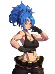 Rule 34 | 1girl, ammunition belt, bare shoulders, belt, black gloves, blue eyes, blue hair, breasts, clenched hand, earrings, gloves, highres, jewelry, leona heidern, mar10, navel, ponytail, simple background, solo, tank top, the king of fighters, the king of fighters xiii, triangle earrings, white background