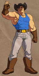 Rule 34 | 1boy, alternate costume, belt buckle, boots, buckle, capcom, cowboy boots, cowboy hat, denim, fingerless gloves, full body, gloves, hat, jeans, jiggeh, male focus, mexico, muscular, native american, pants, simple background, smile, solo, street fighter, tank top, thunder hawk