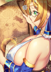 Rule 34 | backless outfit, bare back, bare shoulders, belt, bikini, bikini top only, blonde hair, blue sleeves, breasts, brown belt, detached sleeves, earrings, gem, glasses, green eyes, halterneck, harem outfit, head chain, highres, huge breasts, jewelry, lens flare, luupechi, map, necklace, original, revealing clothes, short hair, stud earrings, swimsuit, white bikini, yuri (luupechi)