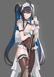 Rule 34 | 1girl, absurdres, ahoge, black hair, blue eyes, blue hair, bodystocking, breasts, broom, brown thighhighs, cleavage, closed mouth, colored inner hair, grey background, hands up, highres, holding, holding broom, large breasts, long hair, looking at viewer, maid, maid headdress, multicolored hair, original, rktlek159, simple background, single thighhigh, smile, solo, thighhighs, very long hair, wristband