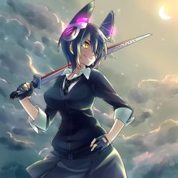Rule 34 | 10s, 1girl, black gloves, black skirt, breasts, brown eyes, cardigan, checkered clothes, checkered necktie, checkered neckwear, closed mouth, cloud, collared shirt, crescent moon, gloves, hair over one eye, hand on own hip, headgear, highres, holding, holding sword, holding weapon, kantai collection, large breasts, looking away, looking to the side, moon, necktie, night, outdoors, partially fingerless gloves, sakura chiyo (konachi000), shirt, skirt, smirk, solo, sword, tenryuu (kancolle), weapon, white shirt, wing collar
