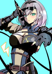 Rule 34 | 1girl, absurdres, armor, belt, black gloves, breasts, brown belt, cleavage, commentary request, eyewear on head, fingerless gloves, gloves, green eyes, highres, holding, holding microphone, hololive, large breasts, light blue background, maruta3333, microphone, mole, mole on breast, parted lips, shirogane noel, shirogane noel (1st costume), short hair, silver hair, solo, sunglasses, upper body, virtual youtuber