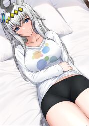 Rule 34 | 1girl, absurdres, ahoge, animal ears, bed, bike shorts, blue eyes, breasts, closed mouth, commentary request, cowboy shot, ear ornament, grey hair, hair ornament, highres, horse ears, horse girl, large breasts, long hair, long sleeves, looking at viewer, lying, multicolored hair, oguri cap (umamusume), on back, on bed, oryou gunsou, pillow, shirt, short shorts, shorts, solo, streaked hair, umamusume, white shirt