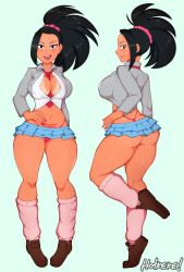 Rule 34 | 1girl, absurdres, ass, asymmetrical hair, black eyes, black hair, blouse, blush, boku no hero academia, breasts, cameltoe, cleavage cutout, closed mouth, clothing cutout, full body, gyaru, highres, hotkeke, large breasts, legs, lipstick, long sleeves, looking at viewer, looking back, makeup, matching hair/eyes, microskirt, midriff, miniskirt, multiple views, navel, necktie, open clothes, open mouth, piercing, pink legwear, ponytail, pubic tattoo, school uniform, shirt, shoes, skirt, smile, socks, standing, tan, tanline, tattoo, teeth, thick thighs, thighs, thong, tongue, tongue out, tongue piercing, upper teeth only, whale tail (clothing), white shirt, yaoyorozu momo