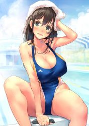 Rule 34 | 1girl, amamiya natsumi, arm up, bad id, bad twitter id, blue eyes, blush, breasts, brown hair, cleavage, competition swimsuit, day, hair between eyes, highleg, highleg swimsuit, highres, huge breasts, kekemotsu, long hair, looking at viewer, one-piece swimsuit, open mouth, original, outdoors, pool, sitting, smile, solo, starting block, swimsuit, towel, towel on head, wet