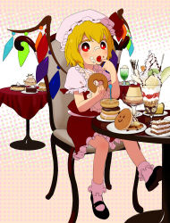 Rule 34 | 1girl, bib, cake, chair, cream puff, doughnut, eating, female focus, flandre scarlet, food, food on face, frills, halftone, halftone background, highres, ice cream, ice cream on face, macaron, mary janes, mizu asato, parfait, pastry, plate, pocky, pudding, red eyes, shoes, sitting, solo, table, touhou, wings