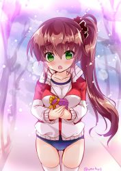 Rule 34 | 1girl, :o, blush, breasts, brown hair, buruma, cleavage, collarbone, cowboy shot, gift, green eyes, gym uniform, hair between eyes, hair ornament, hair scrunchie, hinata momo, holding, holding gift, jacket, long hair, looking at viewer, open mouth, original, outdoors, own hands together, scrunchie, side ponytail, solo, thighhighs, track jacket, twitter username, valentine, white thighhighs