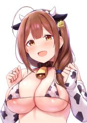 Rule 34 | 1girl, ahoge, animal ears, bare shoulders, bell, blush, braid, braided ponytail, breasts, brown eyes, brown hair, cai geng, cleavage, collar, collarbone, covered erect nipples, cow ears, cow horns, cowbell, hair over shoulder, hairband, highres, horns, idolmaster, idolmaster shiny colors, kuwayama chiyuki, large breasts, long braid, long hair, looking at viewer, neck bell, open mouth, simple background, smile, white background