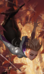 Rule 34 | 1girl, animification, artist name, ass, autumn leaves, blonde hair, blurry, bodysuit, branch, dao trong le, depth of field, eyebrow piercing, falling, gwen stacy, highres, hood, hood down, hooded bodysuit, leaf, looking down, marvel, midair, motion blur, outstretched arms, piercing, short hair, signature, silk, smile, solo, spider-gwen, spider-man: into the spider-verse, spider-man (series), spider-verse, spider web, spider web print, superhero costume