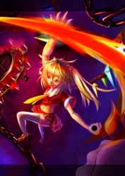 Rule 34 | 1girl, adapted costume, blonde hair, blouse, female focus, flandre scarlet, full body, hair between eyes, mossari poteto, ponytail, red eyes, red shirt, shirt, short hair, side ponytail, solo, thighhighs, touhou, wings