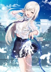 Rule 34 | 1girl, arm up, blue necktie, blue skirt, breast pocket, collared shirt, dress shirt, grey eyes, hair over one eye, hario 4, highres, holding, holding hose, hose, knees up, long hair, looking at viewer, looking to the side, loose necktie, midriff, necktie, open mouth, original, outdoors, plaid, plaid skirt, platinum blonde hair, pleated skirt, pocket, school uniform, see-through, shirt, skirt, solo, thighs, tied shirt, water, wet, wet clothes, wet shirt, white shirt