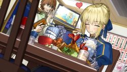 Rule 34 | 1boy, 1girl, ^^^, ahoge, armor, armored dress, artoria pendragon (all), artoria pendragon (fate), black eyes, blonde hair, blue bow, blue dress, blue ribbon, blurry, blurry foreground, blush, bow, bowl, bowl stack, brown hair, ceiling light, chair, chicken nuggets, chopsticks, closed eyes, closed mouth, dress, eating, fate/extella, fate/extra, fate (series), food, food on face, fried food, fruit, game cg, gauntlets, glass, hair bow, hair ribbon, happy, heart, highres, holding, holding bowl, holding chopsticks, holding wallet, kishinami hakuno (male), lemon, lemon slice, long sleeves, looking at another, nervous smile, non-web source, official art, photoshop (medium), restaurant, ribbon, rice, rice on face, room, saber (fate), salad, salt shaker, shrimp, shrimp tempura, sitting, smile, soy sauce, standing, sweat, table, television, tempura, wada arco, wallet, water