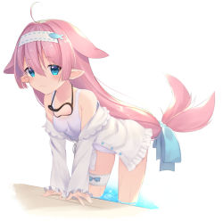 Rule 34 | 1girl, ahoge, animal ears, arm support, bare shoulders, blue bow, blush, bow, breasts, closed mouth, collarbone, commentary request, goggles, goggles around neck, hair between eyes, hair bow, hair intakes, hairband, jacket, leaning forward, light smile, long hair, long sleeves, looking at viewer, low-tied long hair, off shoulder, open clothes, open jacket, original, pink hair, pointy ears, school swimsuit, sleeves past wrists, small breasts, solo, swimsuit, swimsuit under clothes, usagimiko, very long hair, wading, water, white background, white hairband, white jacket