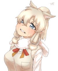 Rule 34 | 10s, 1girl, alpaca ears, alpaca suri (kemono friends), animal ears, artist logo, blonde hair, blue eyes, breast pocket, clenched teeth, commentary request, crying, crying with eyes open, ears down, extra ears, fur scarf, hair between eyes, hair bun, hair over one eye, hair tubes, highres, horizontal pupils, kemono friends, long sleeves, looking up, medium hair, neck ribbon, pocket, ribbon, scarf, shirt, simple background, single hair bun, solo, streaming tears, sweater vest, tears, teeth, thin (suzuneya), upper body, white background