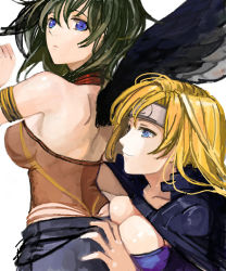 Rule 34 | 2girls, armpits, ass, ass grab, back, bare back, bare shoulders, black hair, black wings, blonde hair, blue eyes, breast press, breasts, cleavage, fire emblem, fire emblem: radiant dawn, from behind, green hair, headband, heather (fire emblem), laguz (race), large breasts, long hair, looking back, multiple girls, nintendo, open mouth, pupps, ringed eyes, short hair, sideboob, simple background, smile, vika, white background, wings, yuri