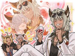 Rule 34 | &gt; &lt;, 1girl, 3boys, :3, :d, ahoge, alcohol, artist request, backless outfit, blonde hair, bracelet, cup, double thumbs up, dress shirt, drinking glass, elsam (granblue fantasy), erune, eyewear on head, flower, formal, freesia (granblue fantasy), granblue fantasy, grey hair, grin, hair intakes, hair over one eye, hairband, jewelry, lowain (granblue fantasy), multiple boys, necklace, official art, open mouth, pointing, ring, rose, shirt, short hair, smile, suit, sunglasses, thumbs up, tomoi (granblue fantasy), unbuttoned, wine, wine glass, xd