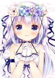 Rule 34 | 1girl, arm ribbon, bad id, bad pixiv id, bare arms, bare shoulders, blue eyes, blue hair, blue neckwear, blue ribbon, check commentary, commentary request, falling feathers, feathers, flower, flower wreath, gloves, gochuumon wa usagi desu ka?, hair ornament, hair ribbon, head wreath, interlocked fingers, irori, kafuu chino, long hair, looking at viewer, own hands clasped, own hands together, ribbon, sleeveless, smile, solo, upper body, white gloves, x hair ornament