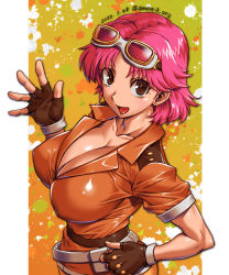 Rule 34 | 1girl, amania orz, breasts, brown gloves, brown jacket, cleavage, covered erect nipples, dated, dragon quest, dragon quest dai no daibouken, fingerless gloves, gloves, goggles, goggles on head, hand on own hip, highres, jacket, large breasts, maam, medium hair, pink hair, short sleeves, solo, twitter username