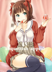 Rule 34 | 1girl, :q, amami haruka, blunt bangs, blush, bow, breasts, brown hair, courreges ace, cream, dessert, eating, food, food on face, fruit, green eyes, hair bow, holding, idolmaster, idolmaster (classic), off shoulder, pillow, ribbon, sitting, solo, strawberry, thighhighs, thighs, tongue, tongue out, zettai ryouiki