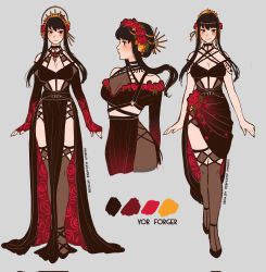 Rule 34 | alternate costume, black dress, breasts, cleavage, corrupted twitter file, dress, earrings, flower, gold earrings, gold hairband, hairband, halterneck, hannahartwork, high heels, highres, jewelry, lips, pelvic curtain, red flower, red rose, rose, sleeveless, smile, spy x family, tagme, thighhighs, two-sided dress, two-sided fabric, yor briar