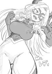 1girl bodysuit boku_no_hero_academia breasts commentary_request eyelashes gloves greyscale happy highres horns jj_(ssspulse) large_breasts long_hair looking_at_viewer lying mask monochrome mount_lady on_side open_mouth simple_background sketch smile solo standing superhero_costume translation_request white_background