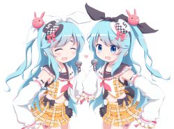Rule 34 | 2girls, :d, ^ ^, black headwear, black ribbon, black sailor collar, blue eyes, blue hair, blush, checkered clothes, checkered headwear, closed eyes, commentary request, detached sleeves, glint, goth risuto, hair ornament, hair ribbon, hat, heart, highres, holding, holding microphone, long hair, long sleeves, md5 mismatch, microphone, midriff, mini hat, multiple girls, navel, near (sound voltex), neckerchief, noah (sound voltex), one side up, open mouth, orange skirt, plaid, plaid shirt, plaid skirt, pleated skirt, pocket watch, rabbit hair ornament, red neckerchief, resolution mismatch, ribbon, sailor collar, shirt, simple background, skirt, sleeves past fingers, sleeves past wrists, smile, sound voltex, source larger, tilted headwear, very long hair, watch, white background, white headwear, white ribbon, white shirt, white sleeves