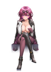 Rule 34 | 1girl, black jacket, black shorts, blush, boots, breasts, breasts out, cleavage, collared shirt, covering privates, covering breasts, eyewear on head, gloves, hair between eyes, high-waist shorts, highres, honkai: star rail, honkai (series), jacket, kafka (honkai: star rail), long hair, looking at viewer, medium breasts, open clothes, open mouth, open shirt, pantyhose, purple-tinted eyewear, purple eyes, purple gloves, purple hair, purple pantyhose, round eyewear, royboy, shirt, shorts, single thigh boot, sitting, smile, solo, sunglasses, thigh boots, tinted eyewear, white background, white shirt