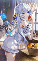 Rule 34 | 1girl, arm support, bare shoulders, blue eyes, blue flower, cowboy shot, dress, flower, food, frilled dress, frills, from side, fruit, fruit basket, hair between eyes, highres, holding, holding food, holding fruit, indoors, long hair, looking at viewer, looking to the side, original, parted lips, puffy short sleeves, puffy sleeves, scottie (phantom2), short sleeves, silver hair, solo, standing, very long hair, white dress, white flower
