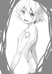 Rule 34 | 1girl, ass, back, bad id, bad twitter id, breasts, facial scar, fate/apocrypha, fate/grand order, fate (series), greyscale, jack the ripper (fate/apocrypha), looking at viewer, looking back, monochrome, nude, open mouth, puyo (puyotopia), scar, scar across eye, scar on cheek, scar on face, short hair, small breasts, smile, solo, tattoo, teeth, white hair