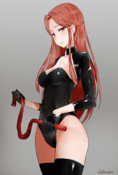 Rule 34 | 10s, 1girl, absurdres, artist name, bad id, bad pixiv id, black gloves, black thighhighs, blush, breasts, brown eyes, brown hair, cleavage, cleavage cutout, clothing cutout, collarbone, cowboy shot, dickbomber, gloves, gradient background, grey background, half gloves, half updo, highres, holding, holding whip, idolmaster, idolmaster cinderella girls, latex, legs together, leotard, long hair, long sleeves, medium breasts, parted bangs, parted lips, shiny clothes, shiny skin, simple background, solo, straight hair, thighhighs, thighs, tsurime, very long hair, whip, zaizen tokiko, zipper