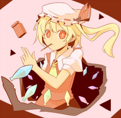 Rule 34 | 1girl, ascot, brown background, collared shirt, cowboy shot, flandre scarlet, food, food in mouth, hat, hat ribbon, hunabera, looking at viewer, medium hair, mob cap, mouth hold, multicolored wings, one side up, pink background, pocky, pocky in mouth, puffy short sleeves, puffy sleeves, red eyes, red ribbon, red skirt, red vest, ribbon, ribbon-trimmed headwear, ribbon trim, shirt, short sleeves, simple background, skirt, solo, touhou, vest, white hat, white shirt, wings, yellow ascot