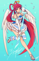 Rule 34 | 1girl, asymmetrical legwear, blue background, blue nails, choker, corset, cosplay, dress, feathered wings, frilled dress, frills, hair ornament, halo, holding, holding weapon, long hair, magi the labyrinth of magic, midriff, nail polish, panty &amp; stocking with garterbelt, red eyes, red hair, ren kougyoku, sandals, signature, smile, solo, stocking (psg), stocking (psg) (cosplay), striped clothes, striped thighhighs, sword, temari114, thighhighs, toenail polish, toenails, weapon, wings