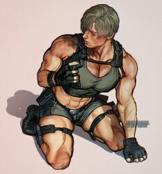 Rule 34 | 1boy, abs, bara, black gloves, black shorts, brown hair, cosplay, crop top, curtained hair, fingerless gloves, gloves, gun, highres, holding, holding gun, holding weapon, lara croft, lara croft (cosplay), large pectorals, leon s. kennedy, male focus, muscular, muscular male, pectorals, resident evil, resident evil 4, resident evil 4 (remake), short hair, shorts, simple background, solo, thick thighs, thighs, tomb raider, twitter username, umikochannart, weapon