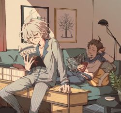 Rule 34 | 2boys, ahoge, alternate costume, blue pants, book, brown eyes, brown hair, closed eyes, couch, danganronpa (series), danganronpa 2: goodbye despair, drooling, feet out of frame, highres, hinata hajime, holding, holding book, holding magazine, indoors, komaeda nagito, lamp, long sleeves, lying, magazine (object), male focus, medium hair, messy hair, multiple boys, on back, on couch, open mouth, painting (object), pajamas, pants, pillow, ponytail, revo toumeijin, shirt, short hair, sitting, striped clothes, striped pajamas, striped pants, striped shirt, table, two-tone shirt