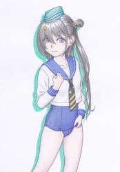 Rule 34 | 1girl, aqua hat, black ribbon, blue one-piece swimsuit, blue sailor collar, colored pencil (medium), commentary request, cowboy shot, garrison cap, grey eyes, grey hair, hair ornament, hat, highres, kantai collection, kopokichi, long hair, long sleeves, multicolored neckerchief, neckerchief, one-piece swimsuit, ribbon, sailor collar, scamp (kancolle), school swimsuit, school uniform, serafuku, side ponytail, simple background, solo, standing, star (symbol), star hair ornament, swimsuit, swimsuit under clothes, traditional media, white background