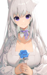 Rule 34 | 1girl, akizone, animal ears, breasts, collarbone, flower, grey hair, highres, jewelry, long hair, long sleeves, looking at viewer, original, own hands clasped, own hands together, purple eyes, ribbon, ring, rose, simple background, smile, solo, wedding band, white background