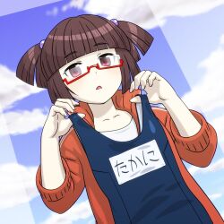 Rule 34 | 1girl, blue sky, blunt bangs, brown hair, cloud, cloudy sky, commentary request, dutch angle, frown, glasses, hands up, holding, holding clothes, holding swimsuit, indie virtual youtuber, jacket, looking at viewer, magari (c0rn3r), open clothes, open jacket, open mouth, orange jacket, red eyes, school swimsuit, shirt, short twintails, sky, solo, swimsuit, takajin-chan, track jacket, twintails, upper body, virtual youtuber, white shirt